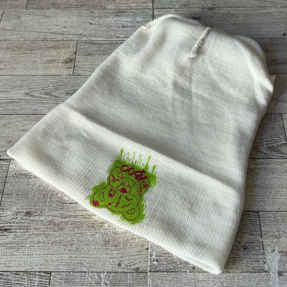 Upcycled, Neon Boo Bear, Knitted Ivory Beanie, Unisex - Picture 5 of 10